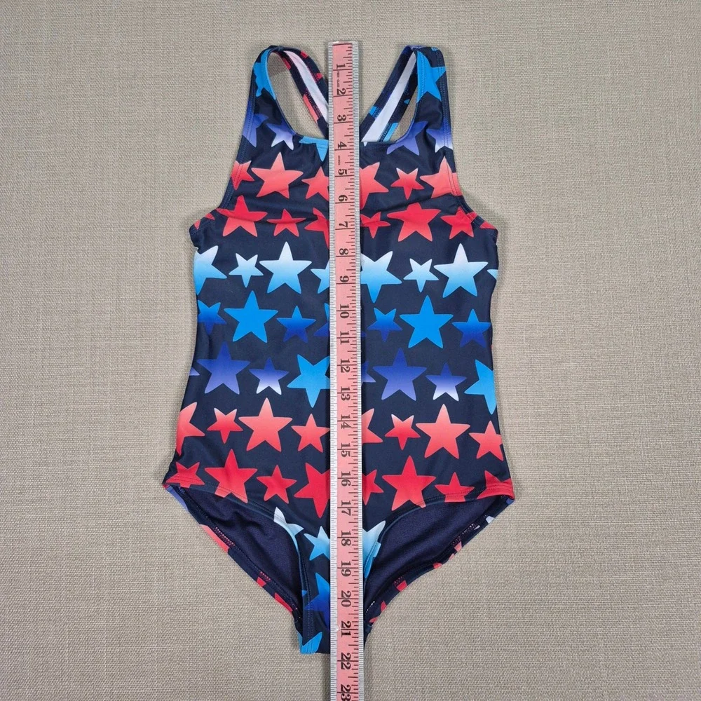 Lands End Girls Star Print One Piece Swimsuit Red Blue White Size M 8 UPF 50+